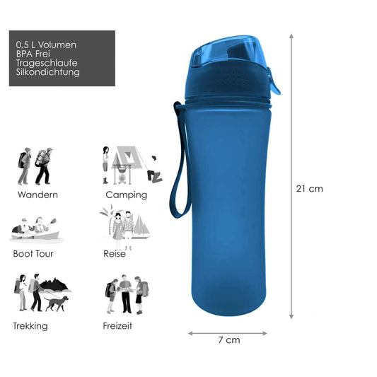 Trinkflasche mit 0,5 L Volumen blau auslaufsicher Sportflasche Schule Freizeit Kindergarten Trink Flasche