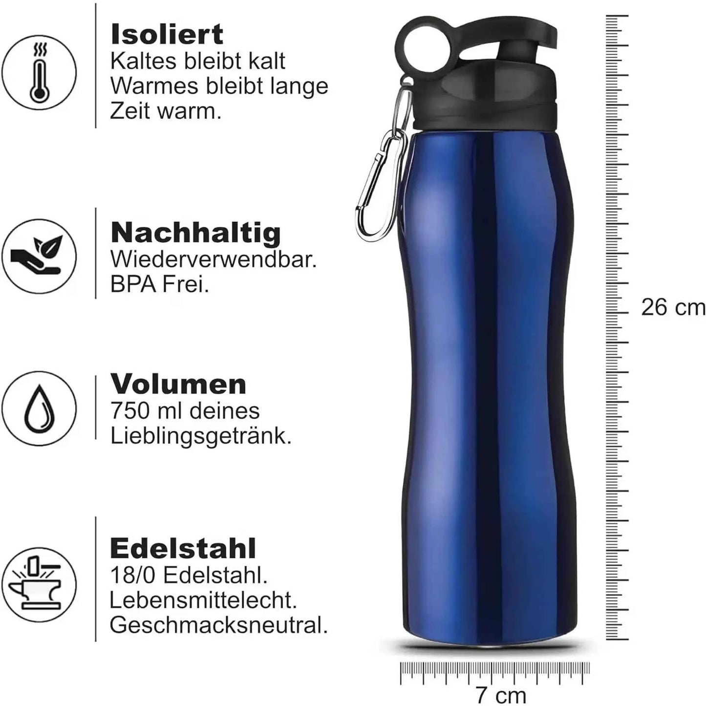 Edelstahl Trinkflasche 750 ml isoliert - doppelwandig, auslaufsicher in Blau