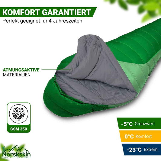 Norskskin Mumienschlafsack Taiga für 4 Jahreszeiten – Leichter Schlafsack mit Kopfkissen Fach (-23 Grad, 1,9 Kg)