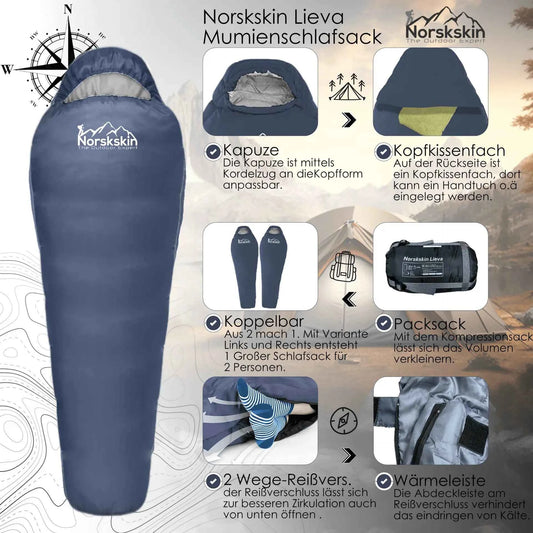 Mumienschlafsack Norskskin Lieva mit Kopfkissenfach nur 900 Gram Länge 220 cm