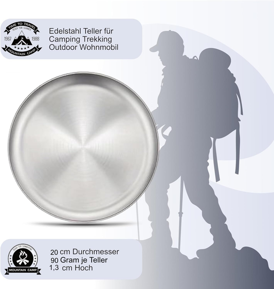 Edelstahl Teller 2 Pack für Camping Outdoor Trekking 20 cm D 103 Gram - Outdoor Alm