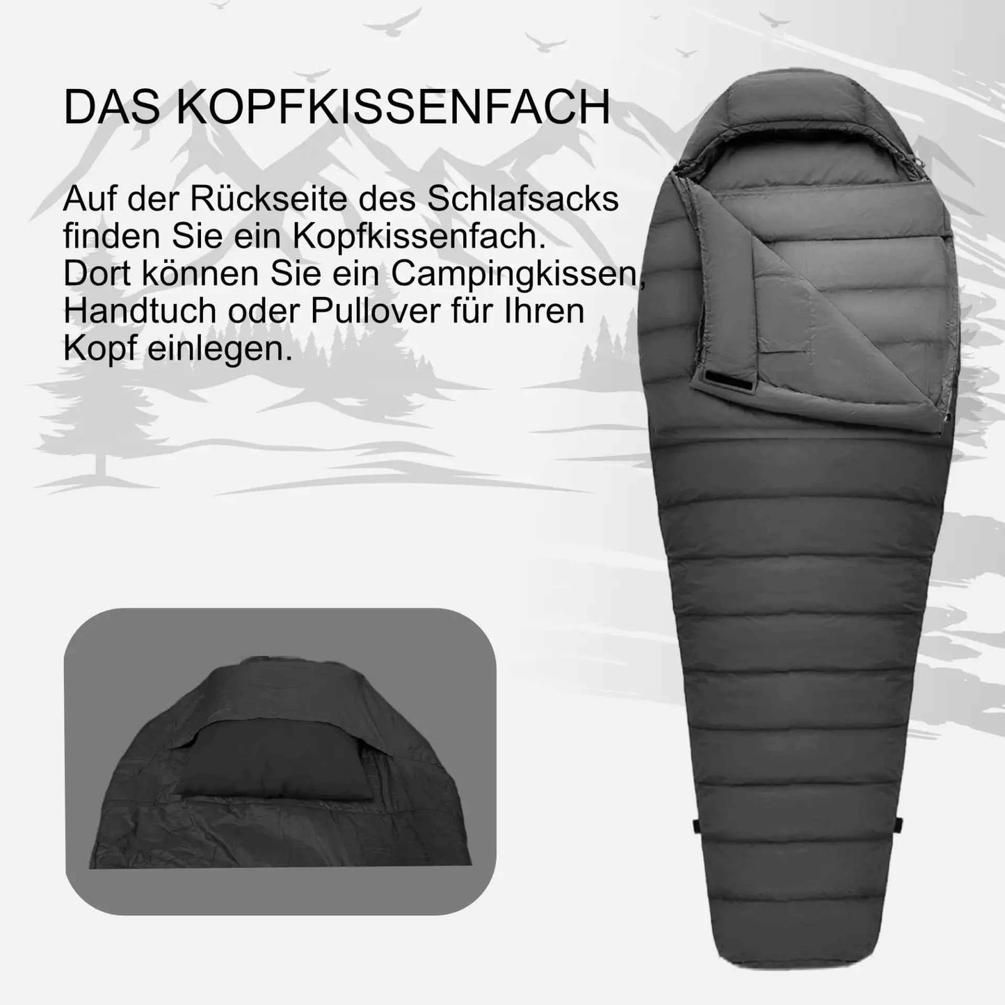 Mumienschlafsack ultraleicht 900 g Norskskin Grau 220 cm Koppelbar Nylon 400T