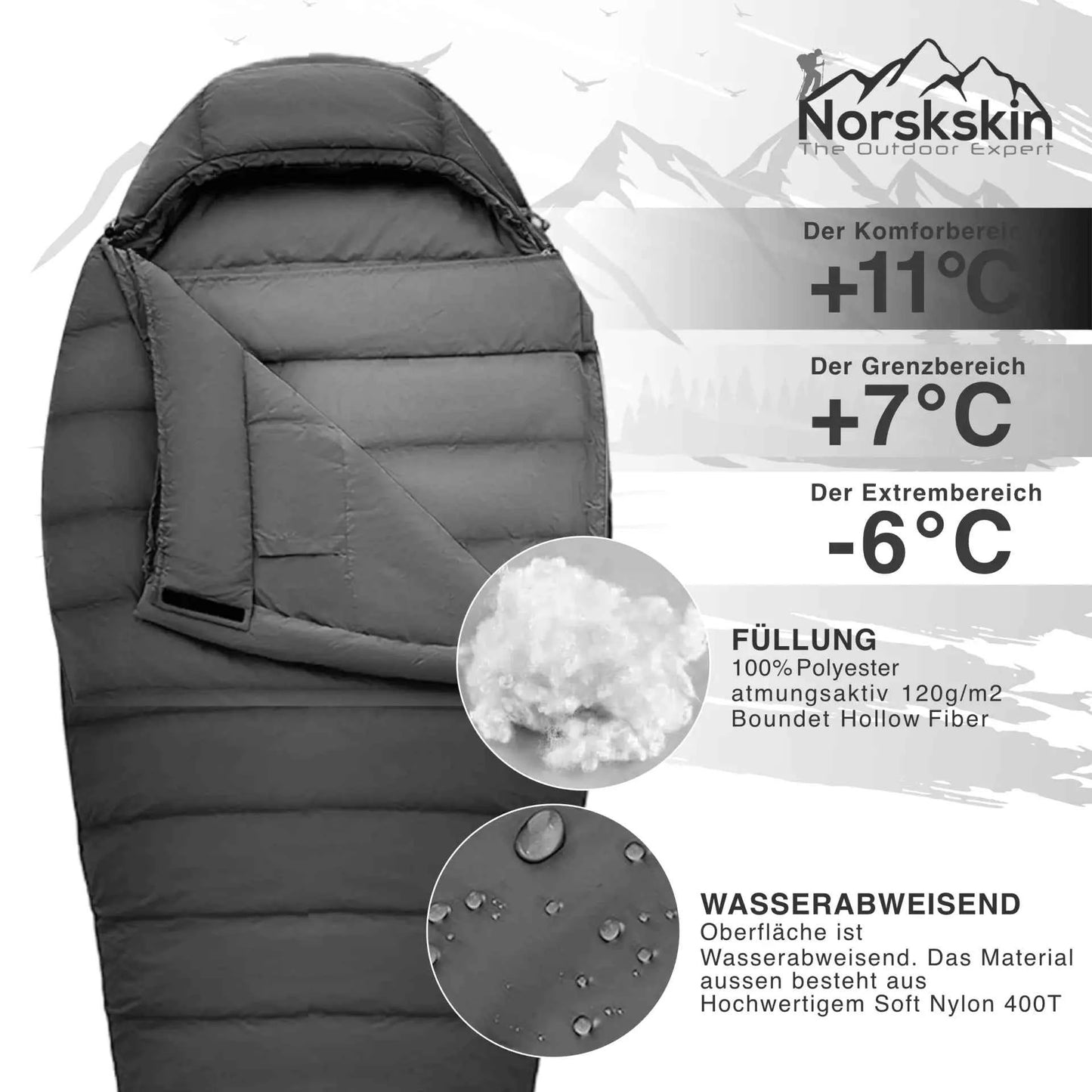 Mumienschlafsack ultraleicht 900 g Norskskin Grau 220 cm Koppelbar Nylon 400T