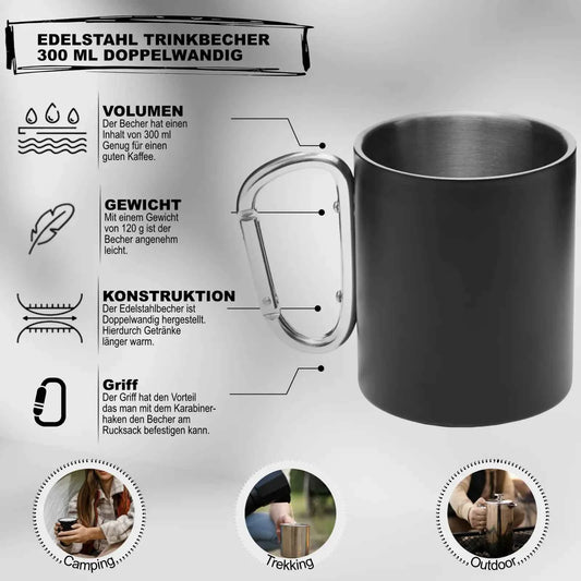 Edelstahl Becher mit Karabinerhaken – Doppelwandiger 300 ml Kaffeebecher
