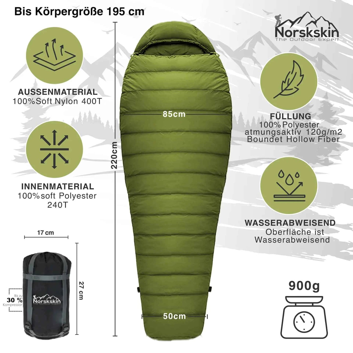Mumienschlafsack ultraleicht Norskskin 900 g 220 cm Koppelbar Nylon 400T