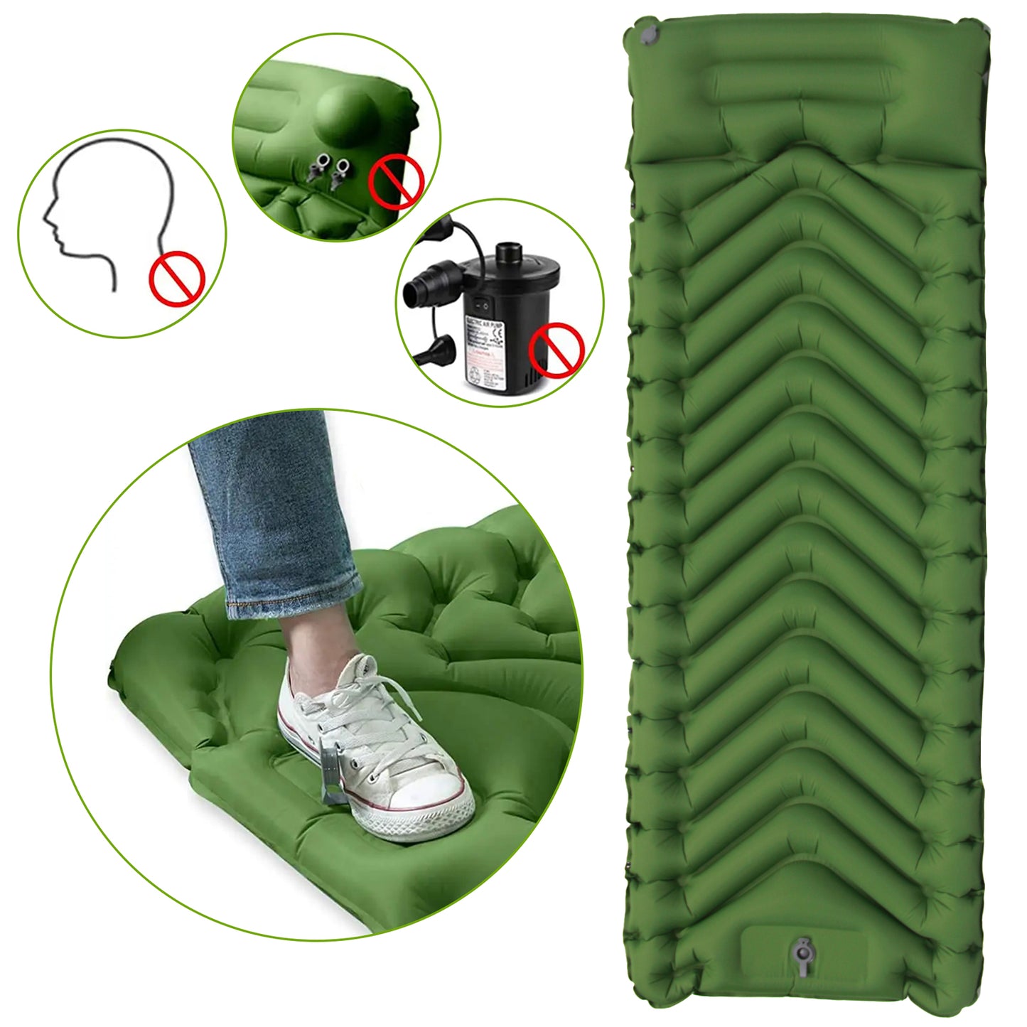 Isomatte Luftmatratze Luftbett Grün 198 cm x 69 cm für Zelt mit Kissen u Pumpe - Outdoor Alm