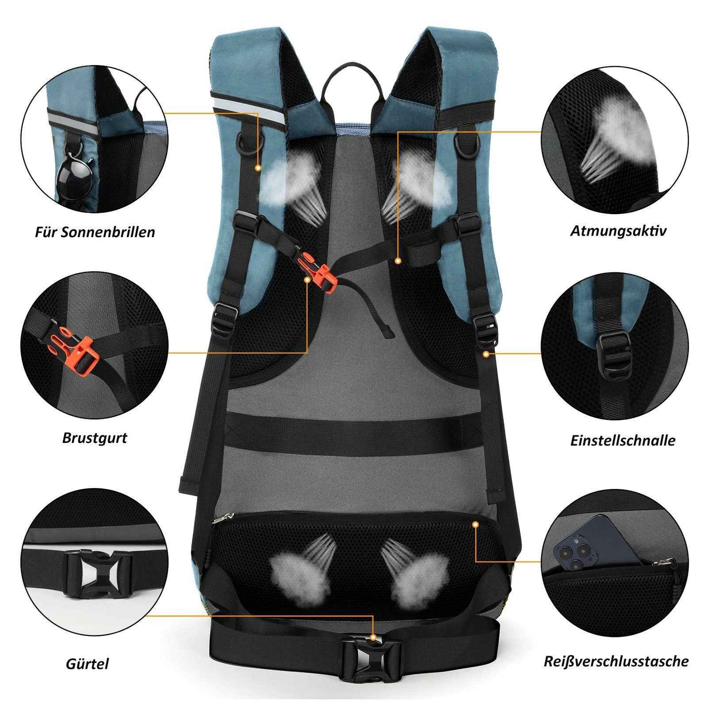 Rucksack Blau 45 Liter - Trekking Wanderrucksack mit Seitentaschen für Abenteuer