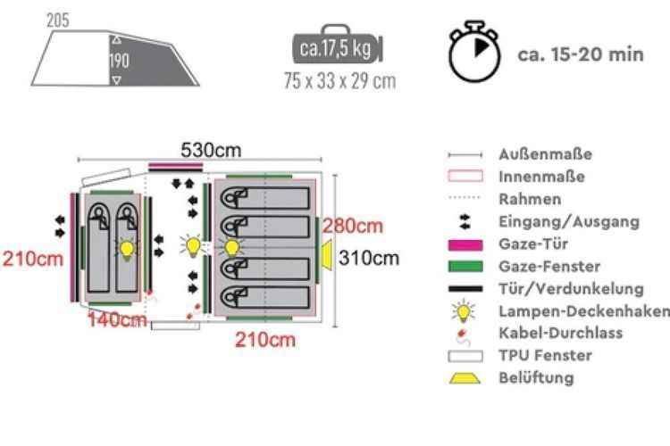Familienzelt 6 Personen Tunnelzelt PESADAR Wassersäule 3000 mm