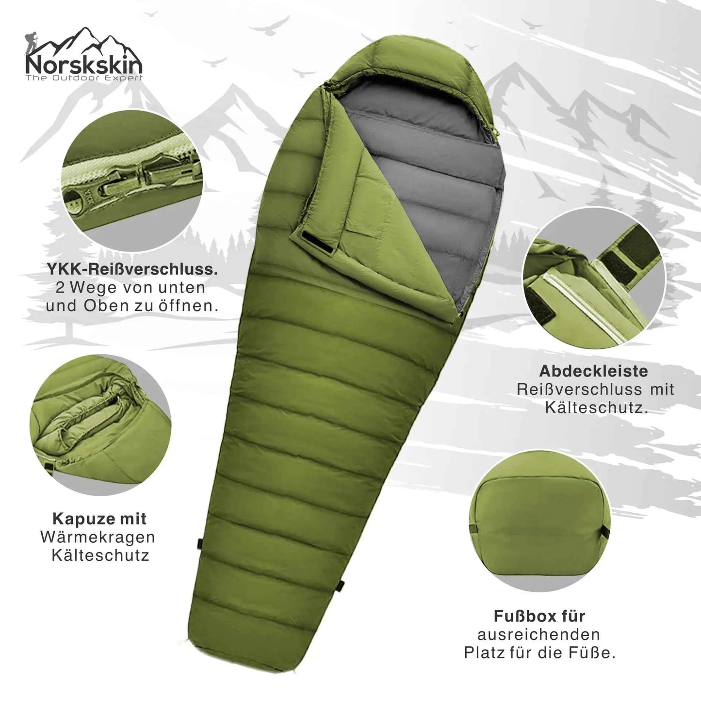 Mumienschlafsack Ultralight Green 800 g Koppelbar Nylon 400T für 205 cm