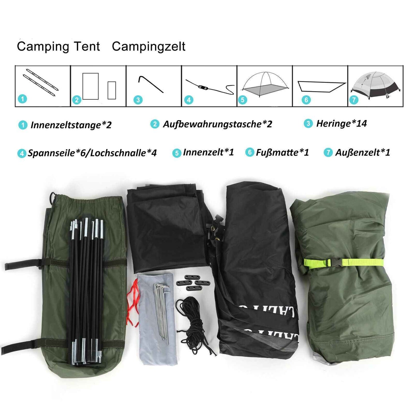 2 Personen Zelt 3000 mm mit 2 Eingängen für Camping und Festival mit Vorraum