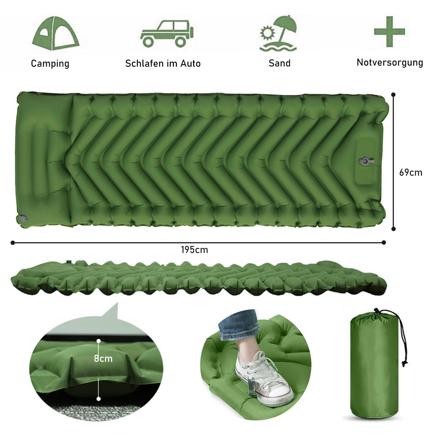 Isomatte Luftmatratze Luftbett Grün 198 cm x 69 cm für Zelt mit Kissen u Pumpe - Outdoor Alm