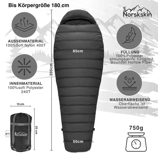 Mumienschlafsack Norskskin Ultralight Grau 800 g 205 cm Koppelbar aus Nylon 400T für optimalen Schlafkomfort