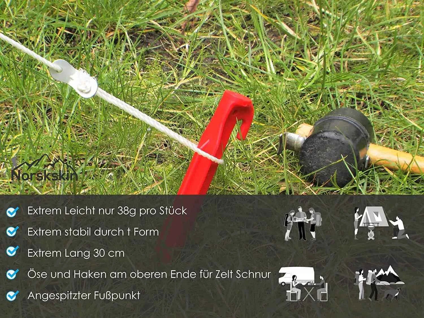 Zelt-Heringe Kunststoff 30 cm - 5 Stück Rot, ultraleichte Erdnägel für Ihr Zelt
