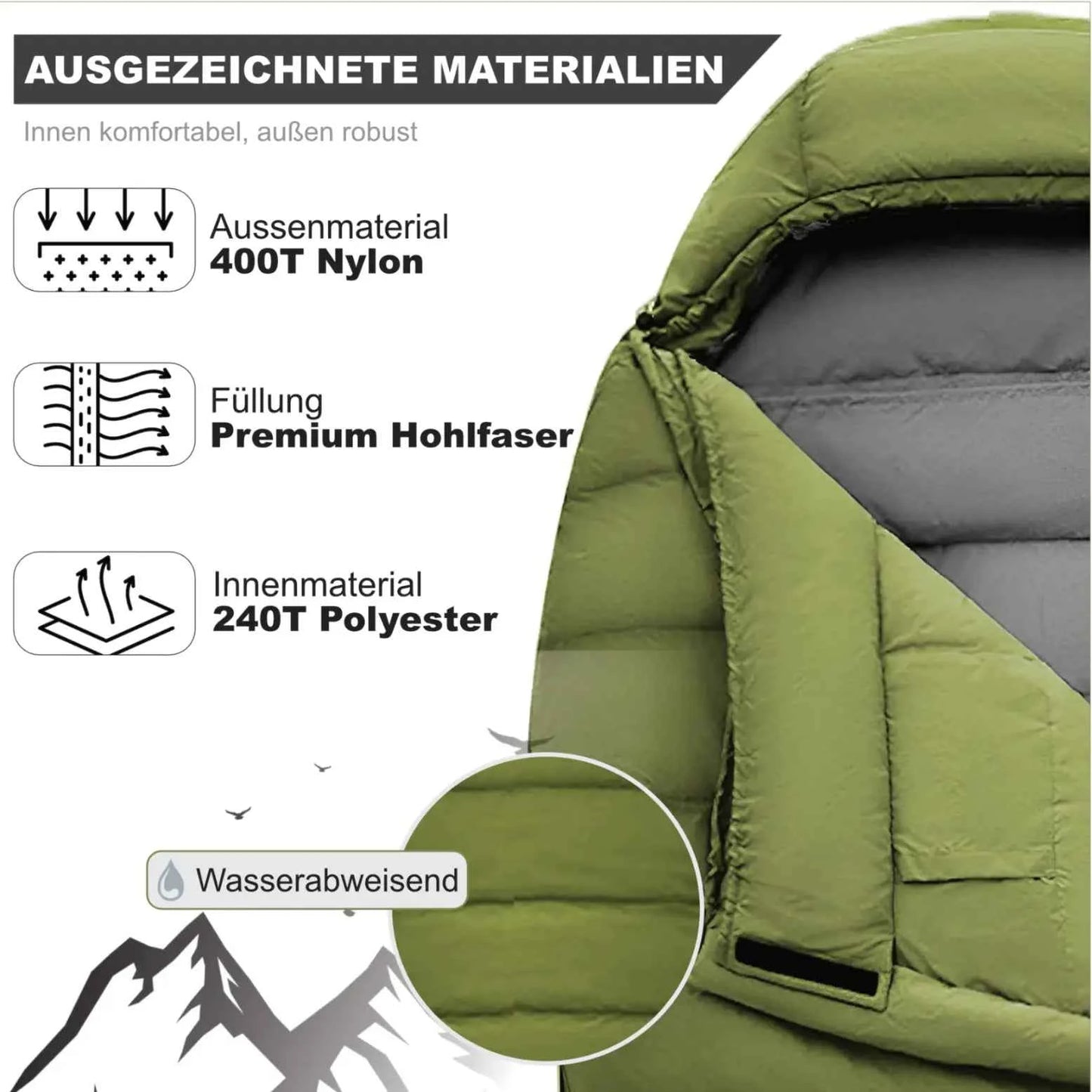 Mumienschlafsack Ultralight Green 800 g Koppelbar Nylon 400T für 205 cm