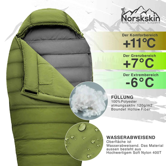 Mumienschlafsack Ultralight Green 800 g Koppelbar Nylon 400T für 205 cm