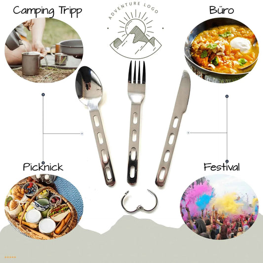 Camping Besteck Set 4-teilig für Trekking und Outdoor Festivals – Messer, Gabel, Löffel und Halterung