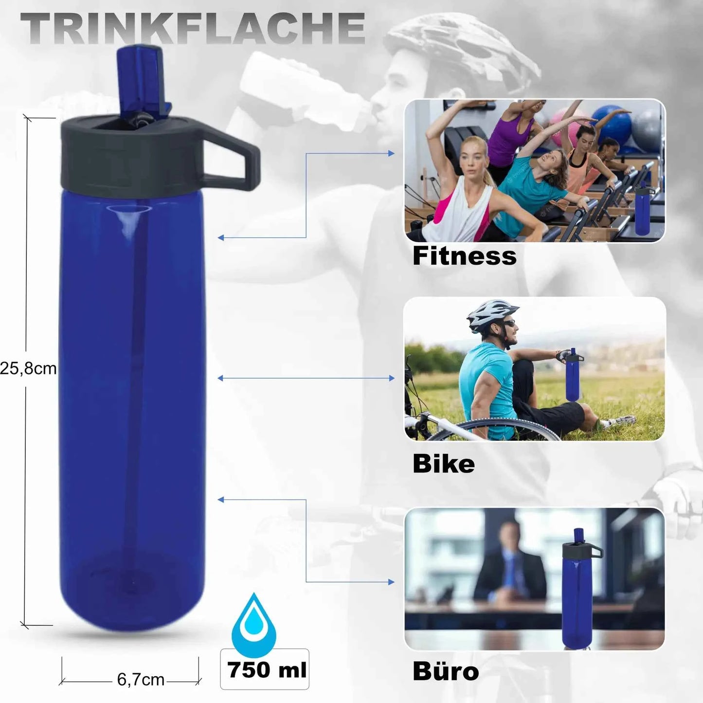 Trinkflasche BPA frei Sport 0,75 L mit Trinkhalm für Freizeit und Aktivitäten