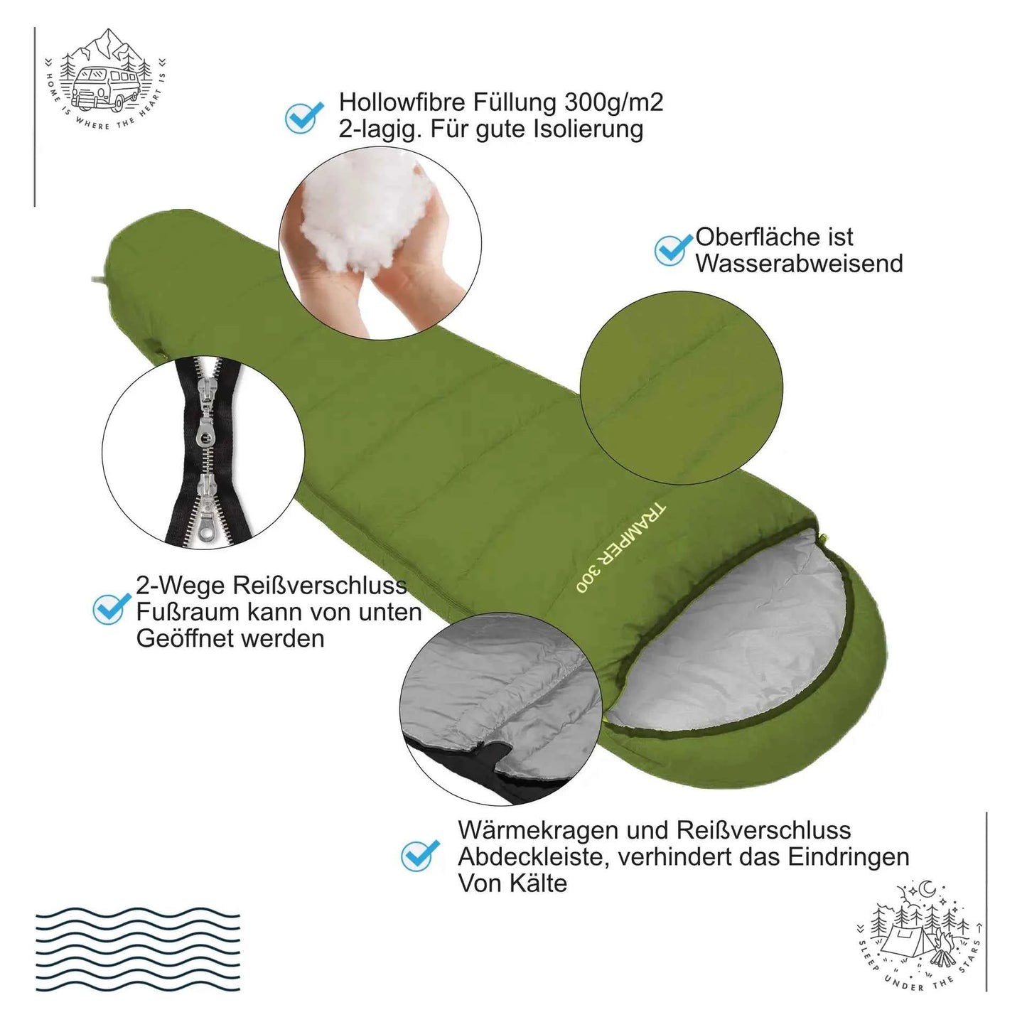 Mumienschlafsack Camping -16°C leicht und warm 230cm x 80cm für Zelt und Trekking