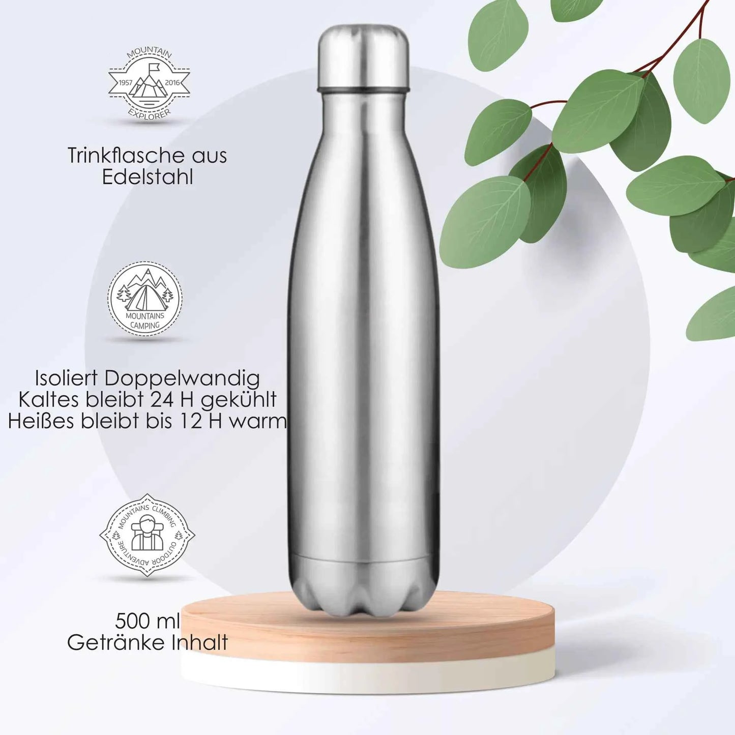 Edelstahl Trinkflasche 500 ml. Isoliert mit Schraubverschluss Kohlensäure