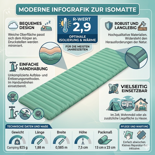 Isomatte Camping 825 g – Leichte Matratze mit R-Wert 2,9 für komfortables Campen