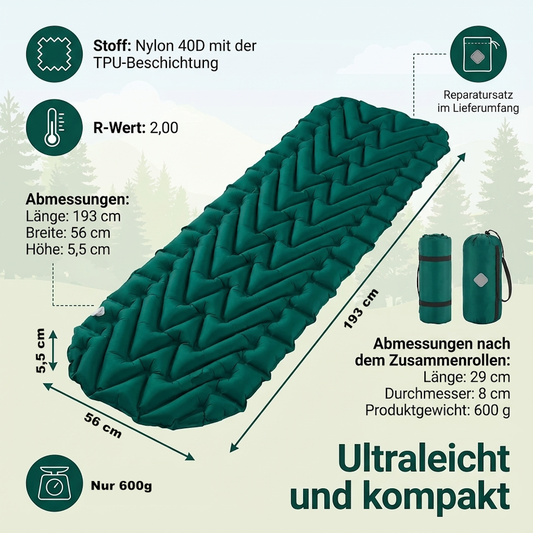 Trekking Matte Isomatte Luftbett 193 cm x 56 cm Ideal für Backpacking 600g