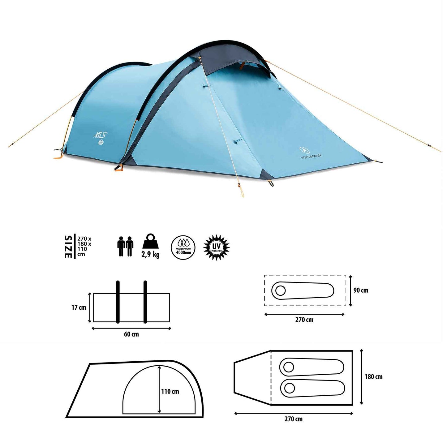 2 Personen Bikerzelt Campingzelt nur 2,9 kg 2 Eingänge NC6003