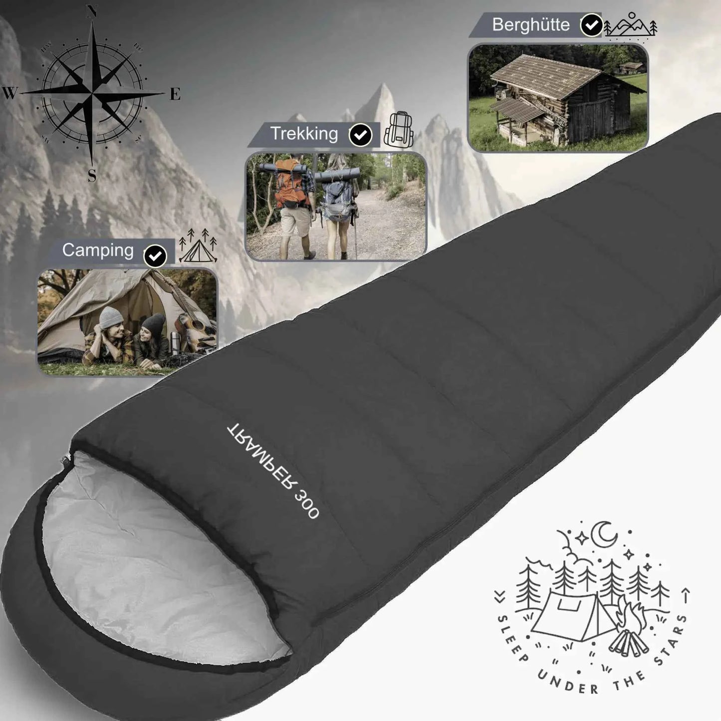 Mumienschlafsack Camping -16°C | Black Schlafsack für Zelt & Trekking, leicht 1,5 kg, 230cm x 80cm
