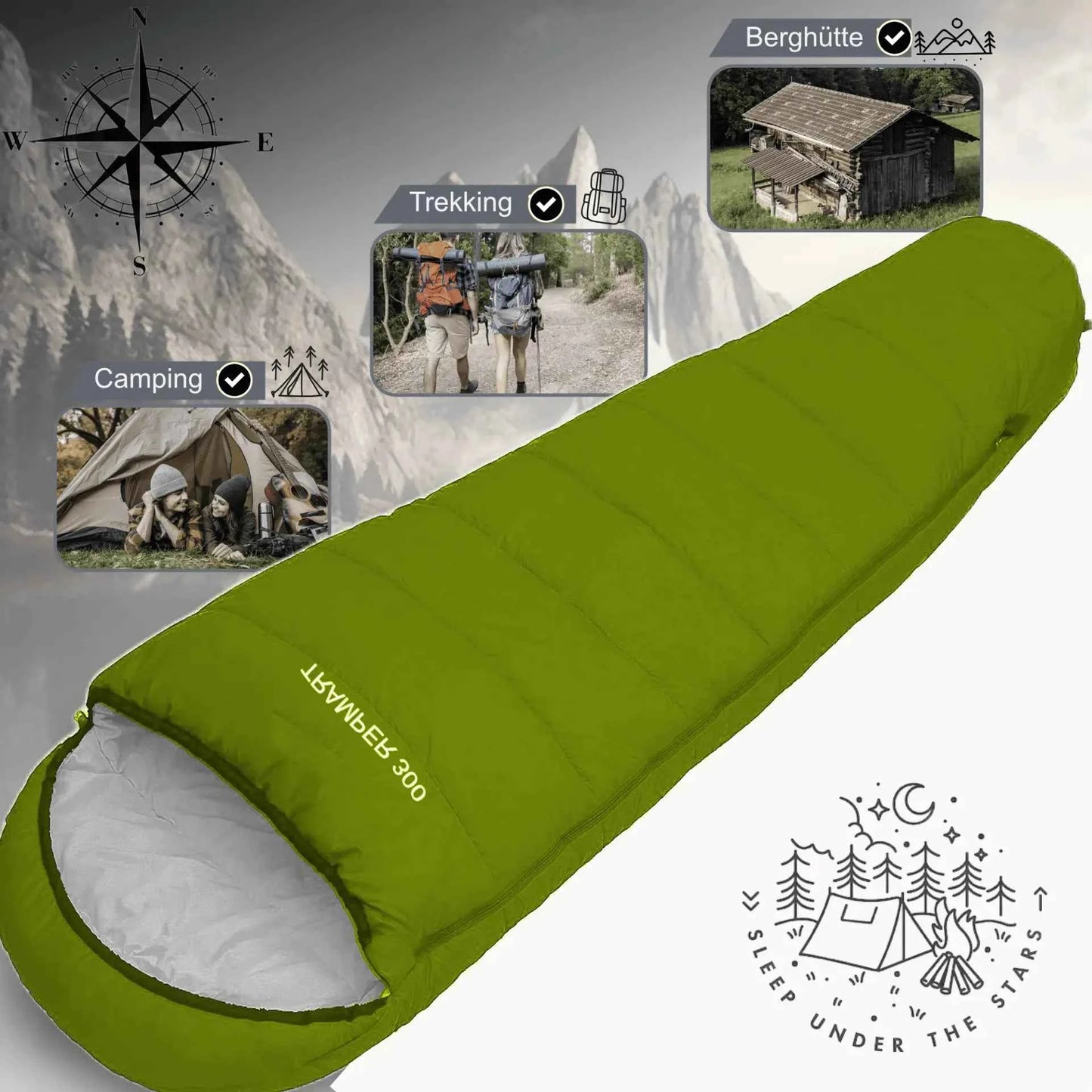 Mumienschlafsack Camping -16°C leicht und warm 230cm x 80cm für Zelt und Trekking