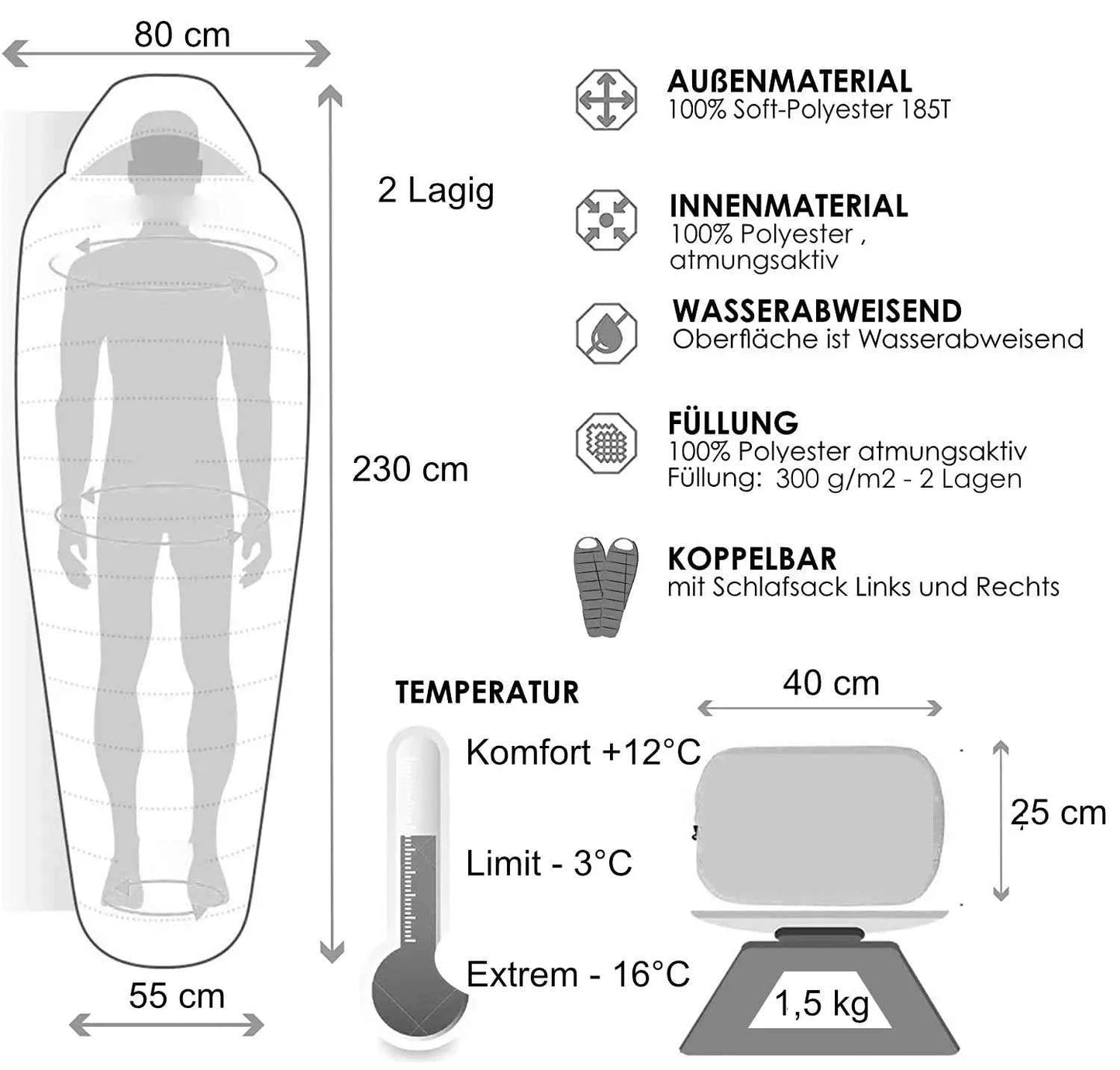 Mumienschlafsack Camping -16°C leicht und warm 230cm x 80cm für Zelt und Trekking