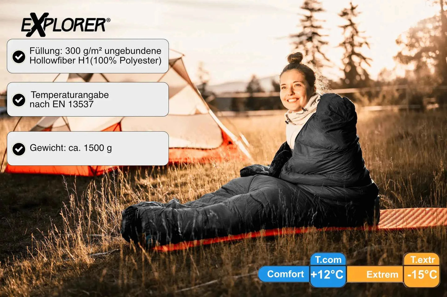 Mumienschlafsack Camping -16°C | Black Schlafsack für Zelt & Trekking, leicht 1,5 kg, 230cm x 80cm