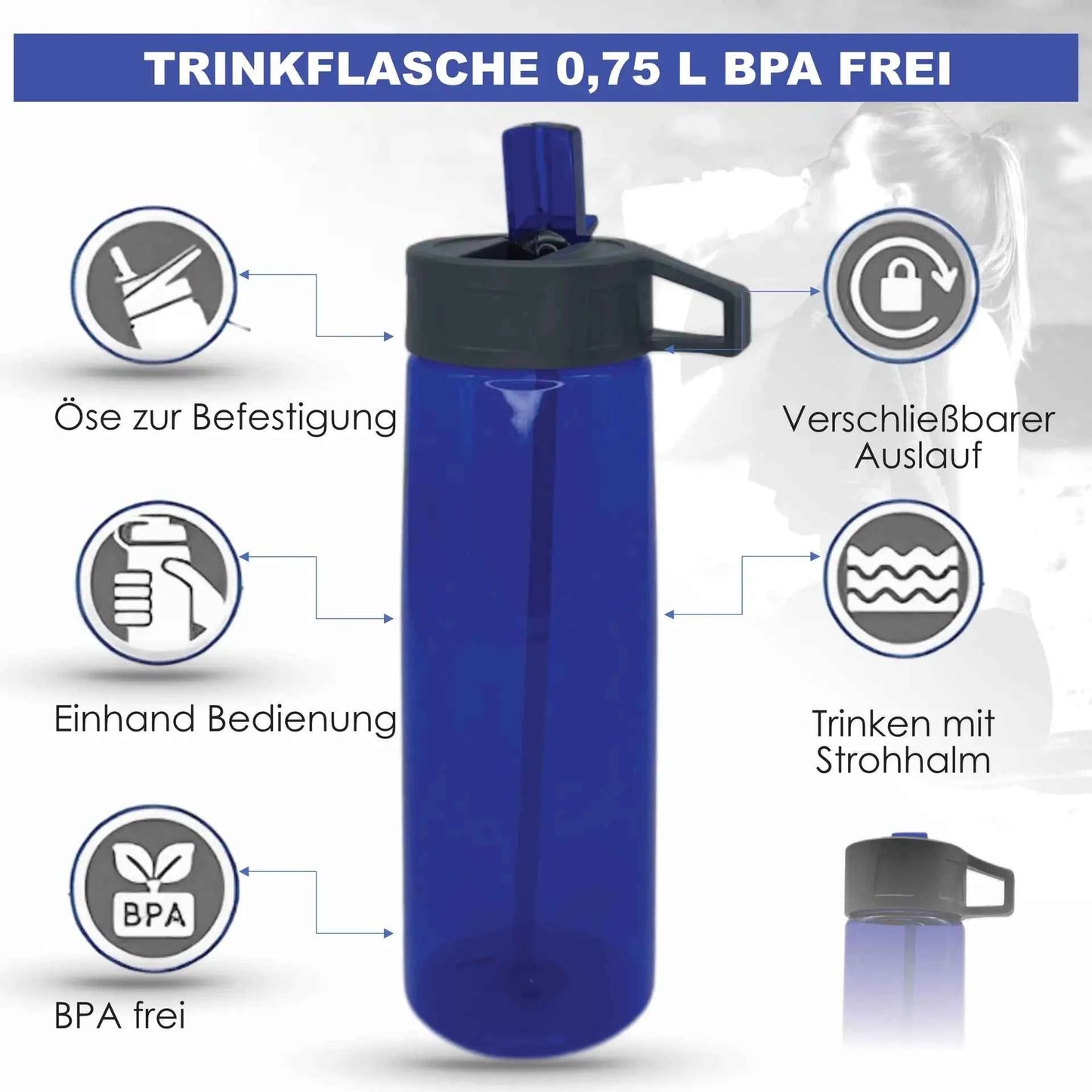 Trinkflasche BPA frei Sport 0,75 L mit Trinkhalm für Freizeit und Aktivitäten