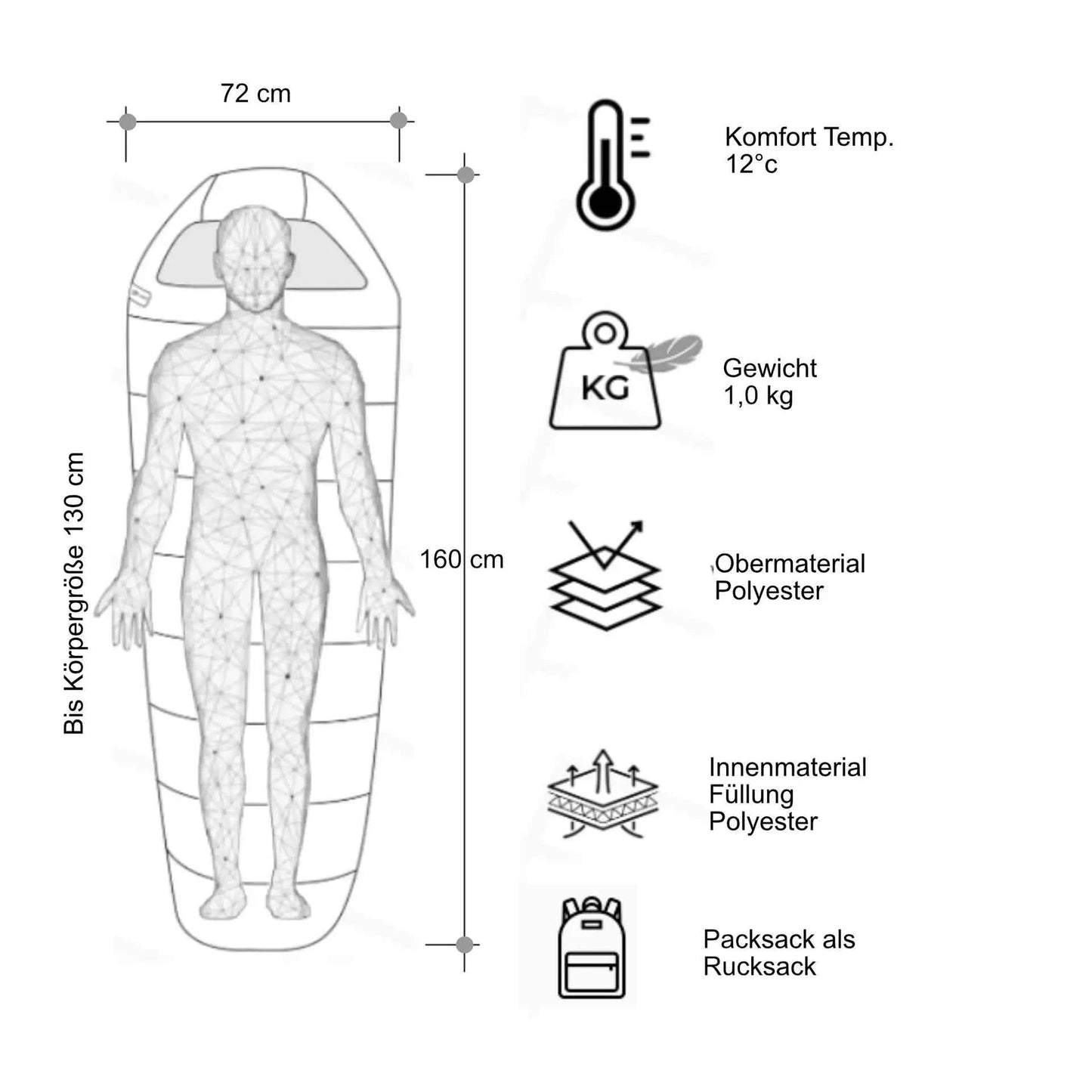 Mumienschlafsack Kinder bis 130 cm für Zeltlager und Pfadfinder