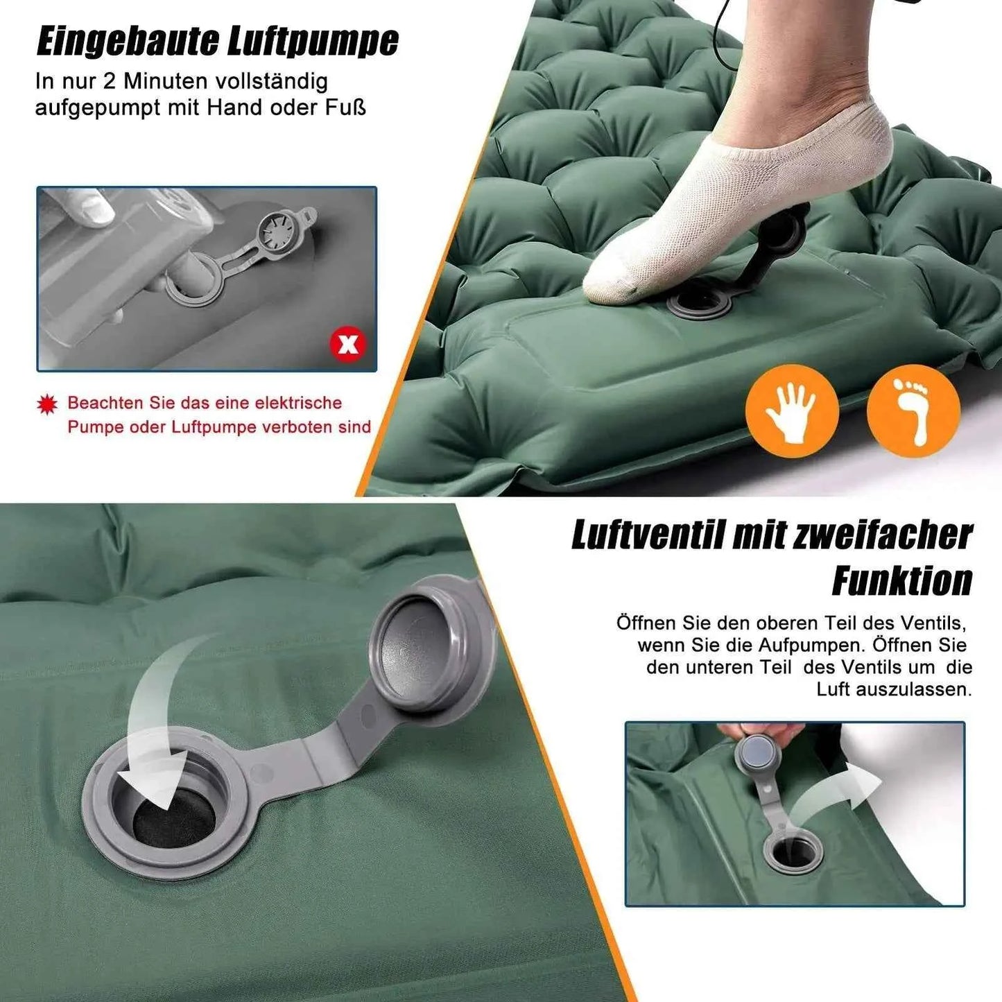 Isomatte 195x65 cm mit Kopfkissen und Fußpumpe – 10 cm dick für besten Komfort und Unterstützung