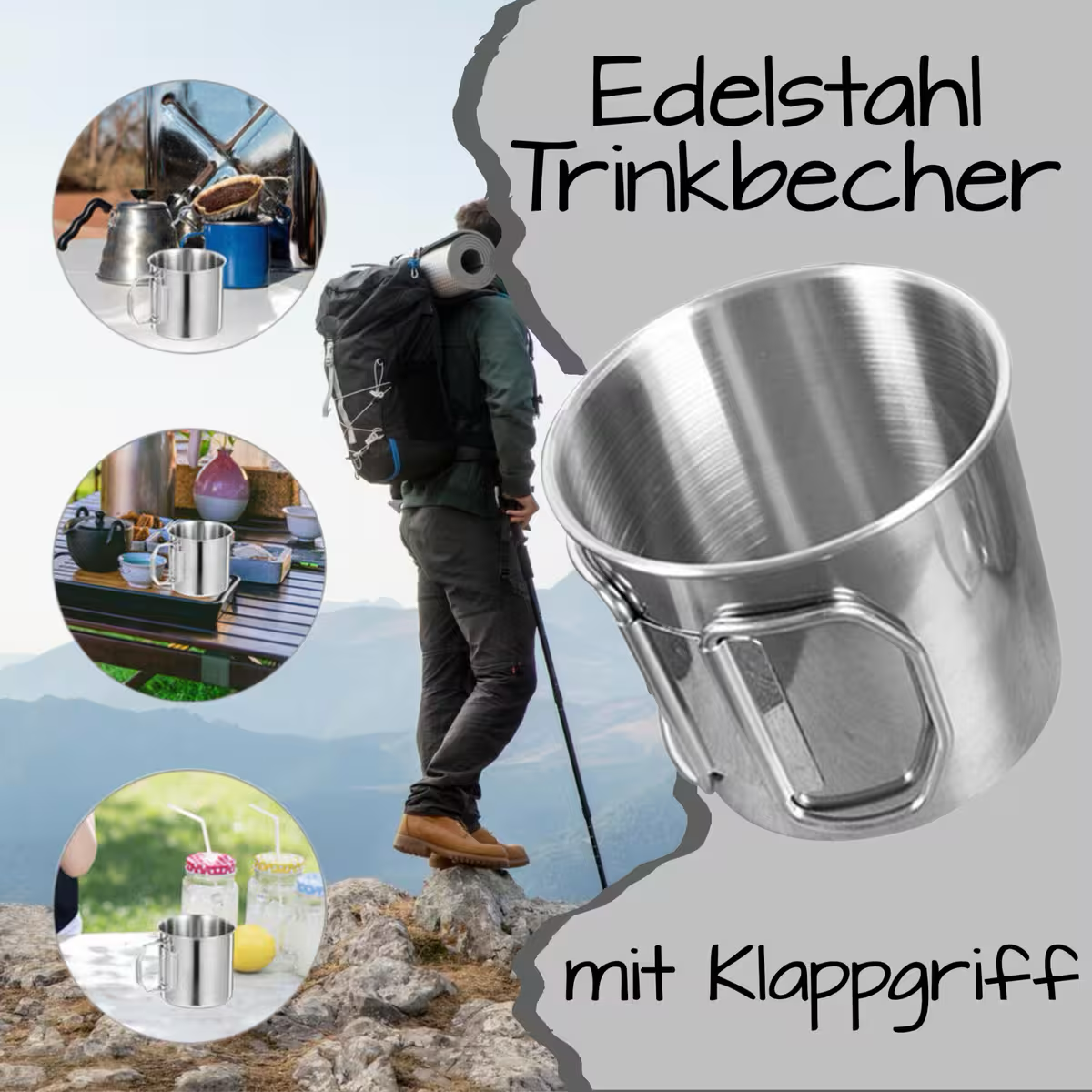 Edelstahlbecher mit Klappgriff 300 ml - Kaffeetasse Tee Becher