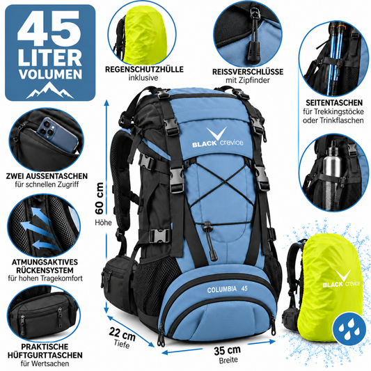 Trekking-Rucksack in Blau mit schwarzen Riemen, vorderem Kreuzband und Fronttasche