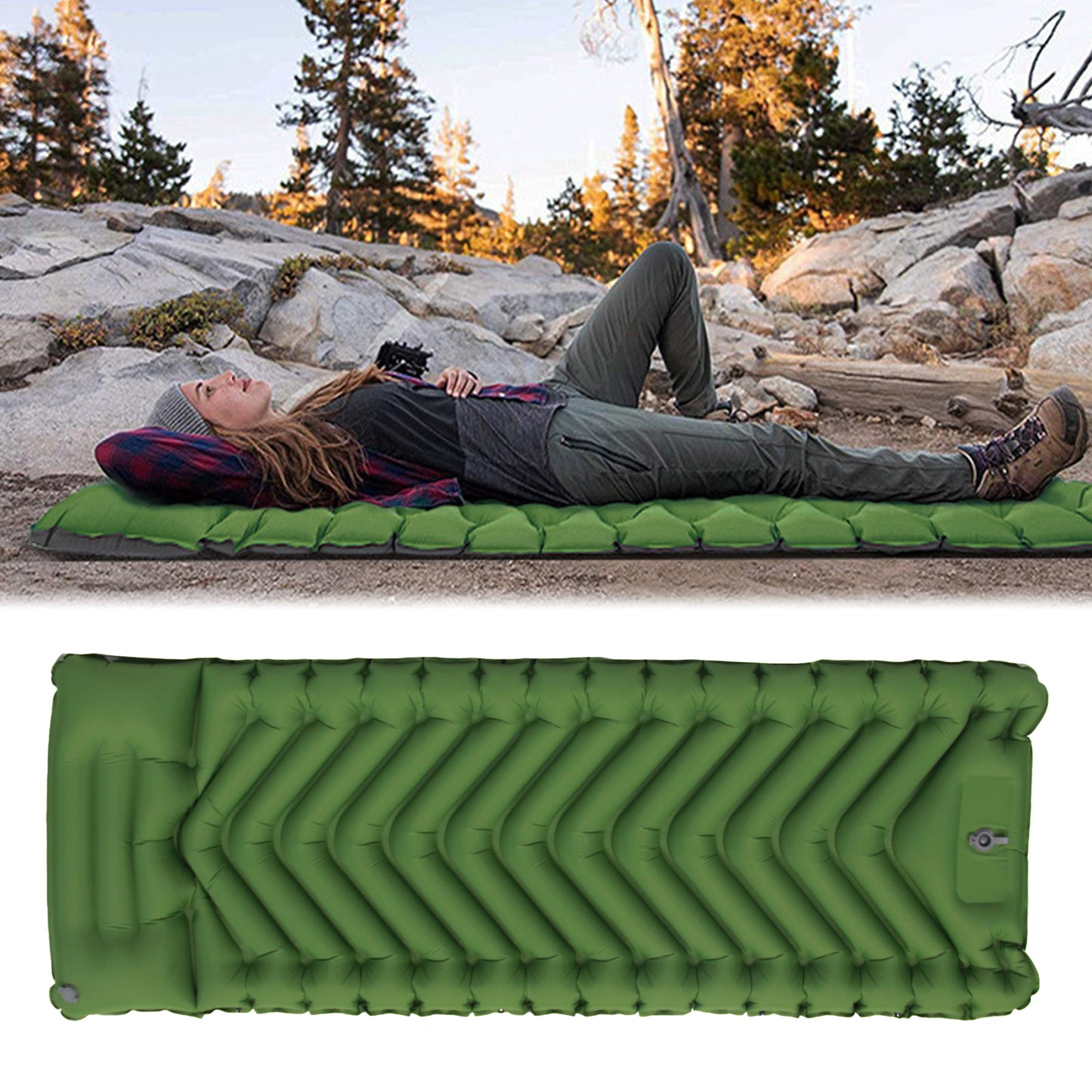 Isomatte Luftmatratze Luftbett Grün 198 cm x 69 cm für Zelt mit Kissen u Pumpe - Outdoor Alm