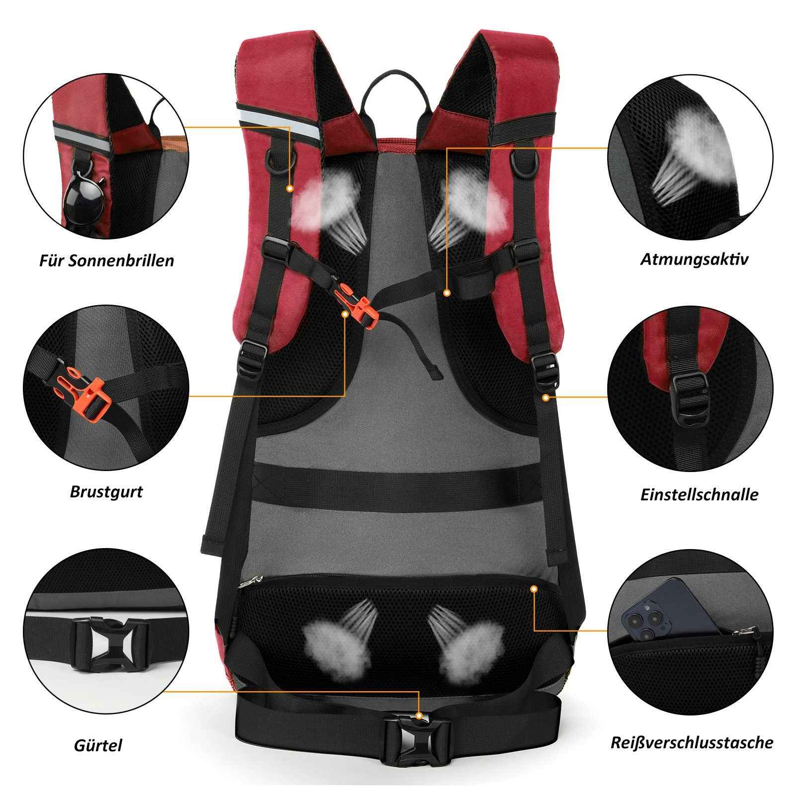 Rucksack 45 Liter Rot für Trekking, Wandern und Backpacking Touren