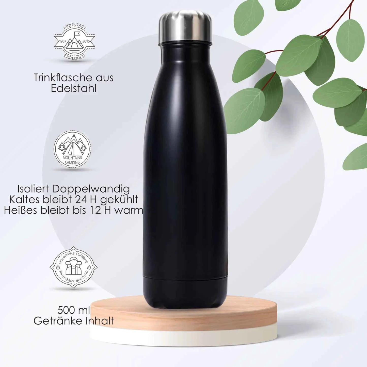 Edelstahl Trinkflasche 500 ml Black. Isoliert mit Schraubverschluss Kohlensäure