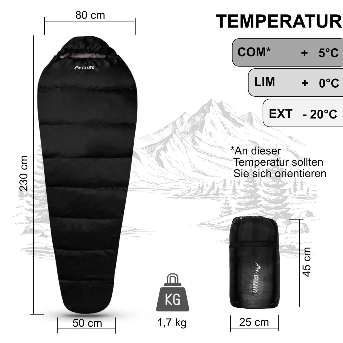 Mumienschlafsack 4 Jahreszeiten 230 cm – Warmer Schlafsack für Zelt und Outdoor Abenteuer