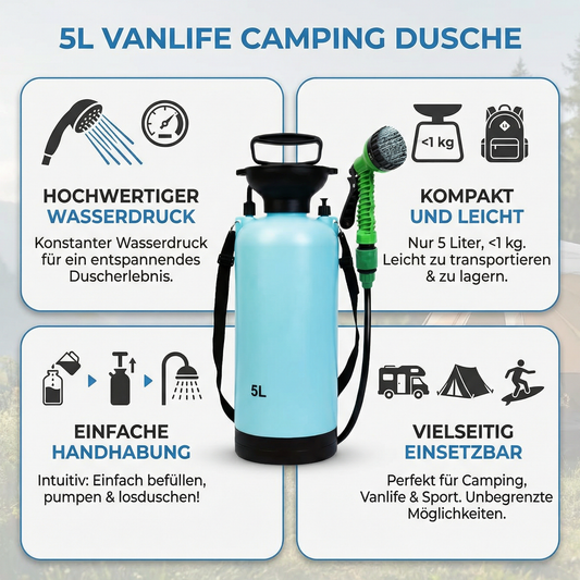 Camping Dusche mit Wasserdruck 5 Liter für Zelt Vanlife und Minicamper