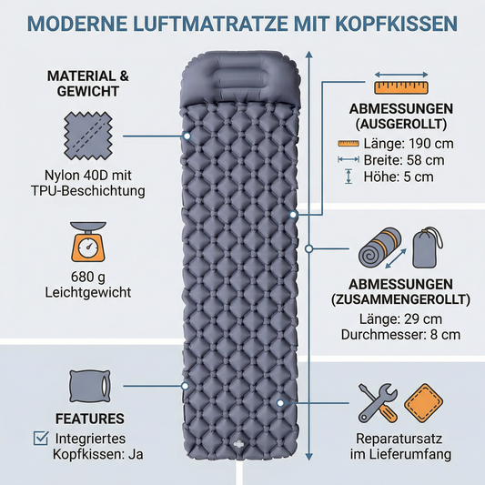 Isomatte inkl Kopfkissen und Pumpsack nur 680 g 190 x 58 cm