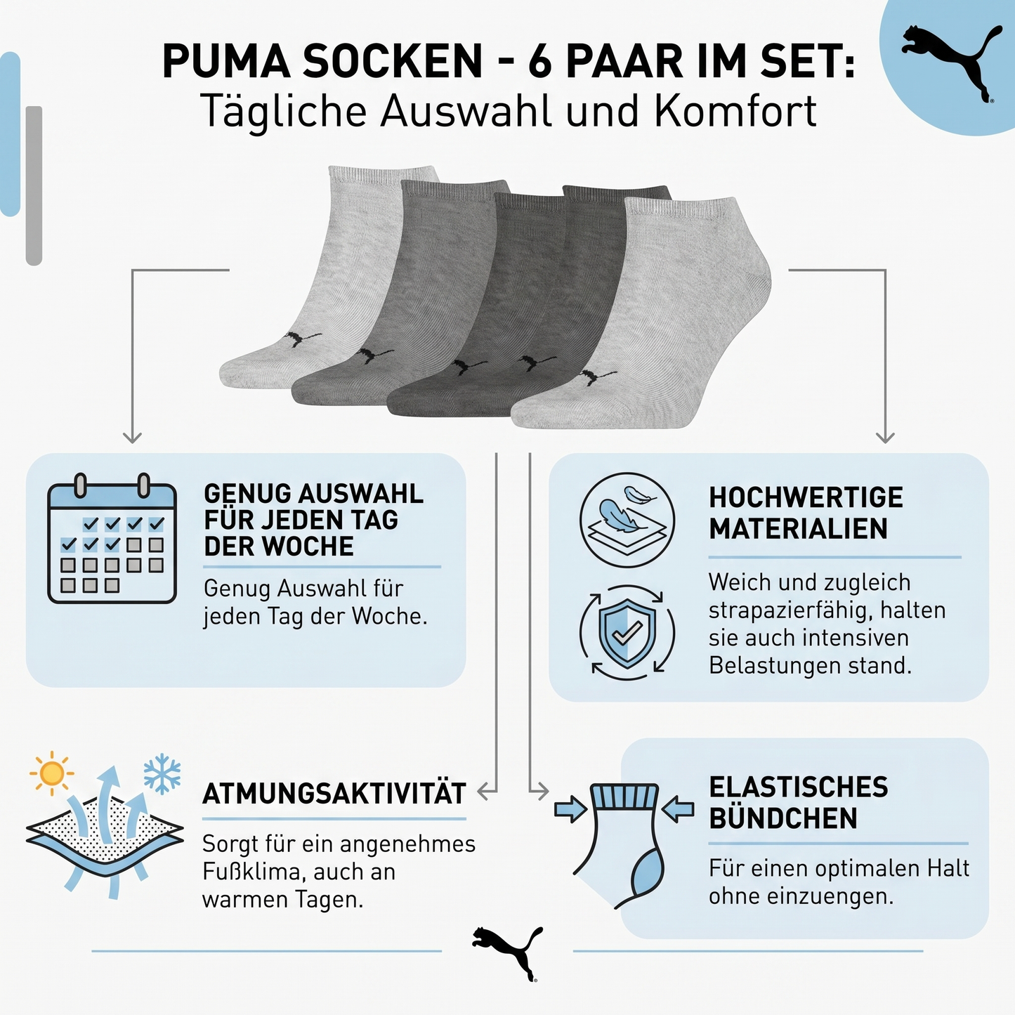 Puma Sneaker Socken 6 Paar in 3 Farben Größe 47-49 Strümpfe 6-Pack