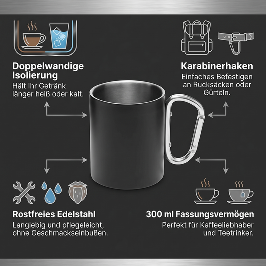 Edelstahl Becher mit Karabinerhaken – Doppelwandiger 300 ml Kaffeebecher