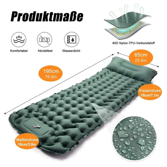 Isomatte 195x65 cm mit Kopfkissen und Fußpumpe – 10 cm dick für besten Komfort und Unterstützung