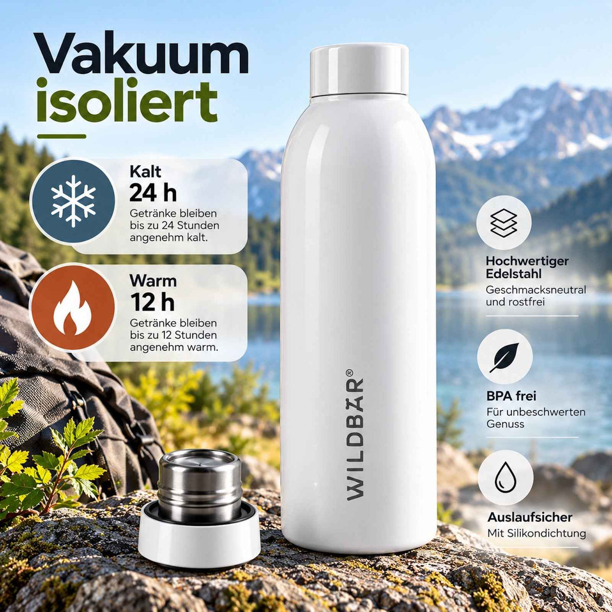Weiße vakuumisolierte Edelstahl-Trinkflasche mit Schraubdeckel und silbernem Bodenverschluss