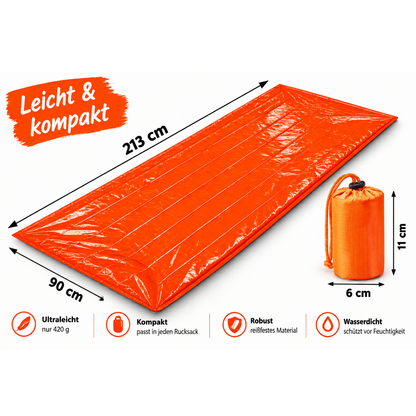 Notfall Schlafsack mit Alu Beschichtung 210 cm x 91 cm für PKW Camping Bergwandern