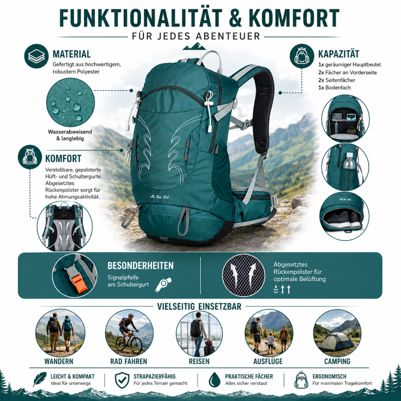 Wander Rucksack 30 Liter viel Stauraum, hoher Tragekomfort Trekking
