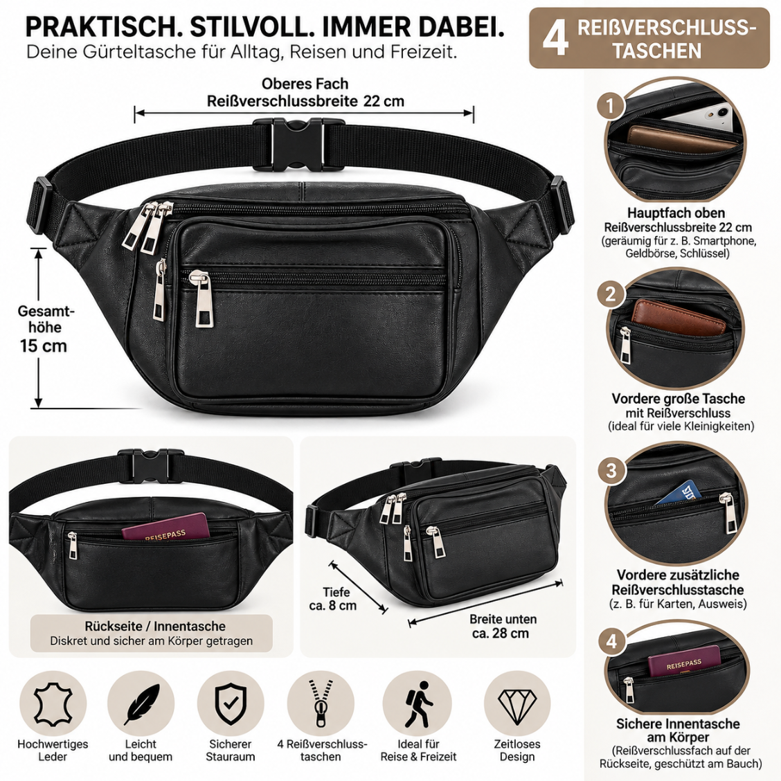 Gürteltasche 2 Leder 4 Taschen Sling Bag Gürtel Hüft Tasche