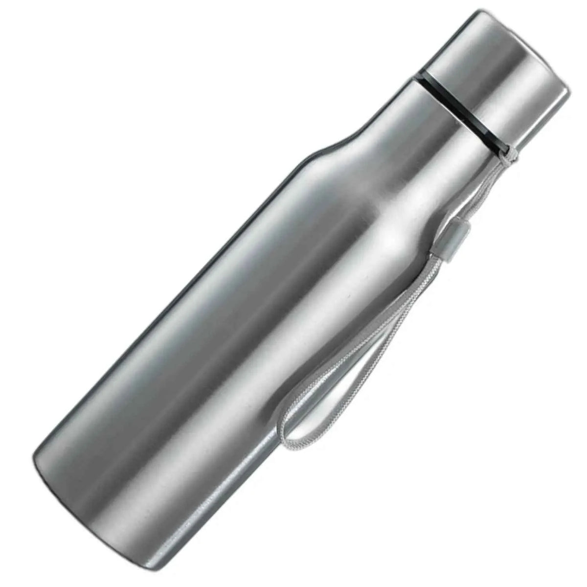 Edelstahl-Trinkflasche mit Trageschlaufe, zylindrisch, silberfarben, mit Verschluss.