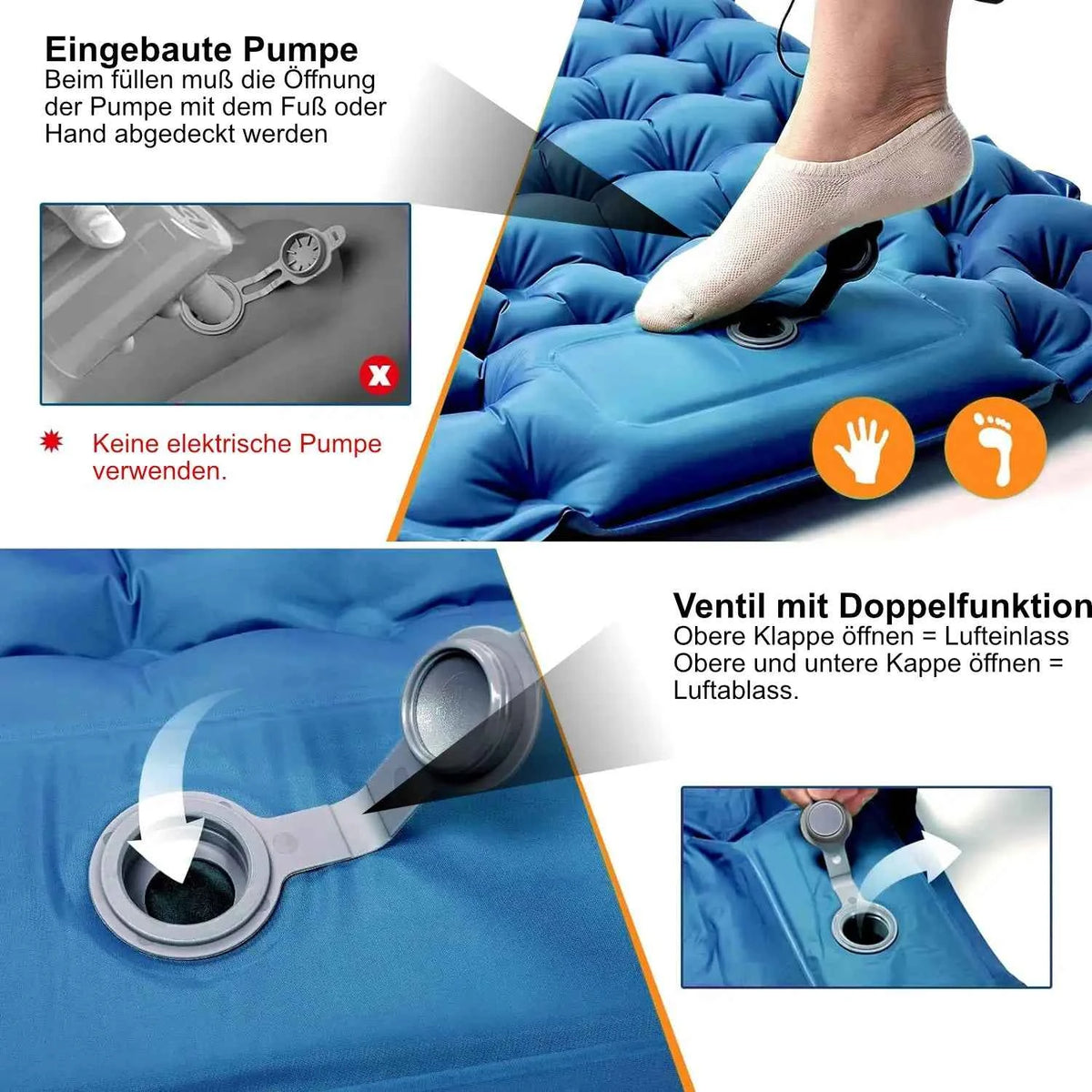 Aufblasbare Isomatte mit eingebauter Pumpe und Doppel-Ventil, blau, für schnelles Aufblasen.